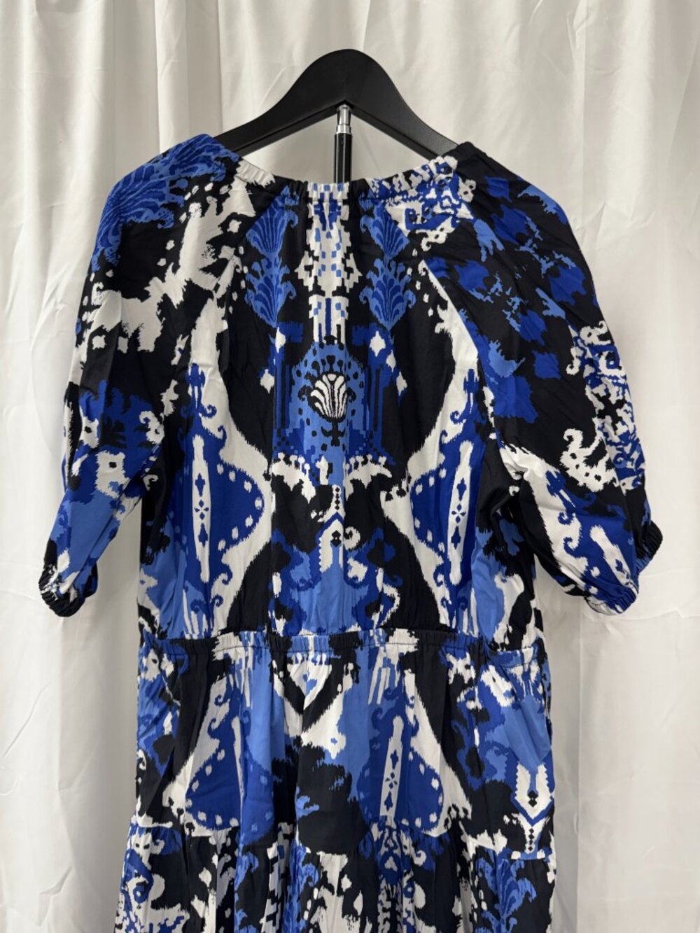 Chicos Ikat Puff Sleeve Smocked Tiered Midi Dress Navy White Sz L 14 - Picture 7 of 15